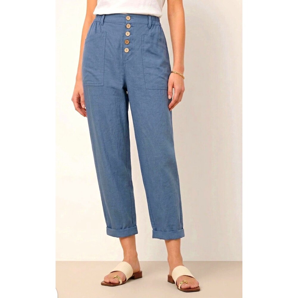 LINTICO Women’s Blue Linen Cotton High Rise Button Front Tapered Ankle M